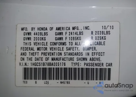 2011 Honda Accord 2.4 Ex from USA, damaged, VIN 1HGCS1B78BA005176